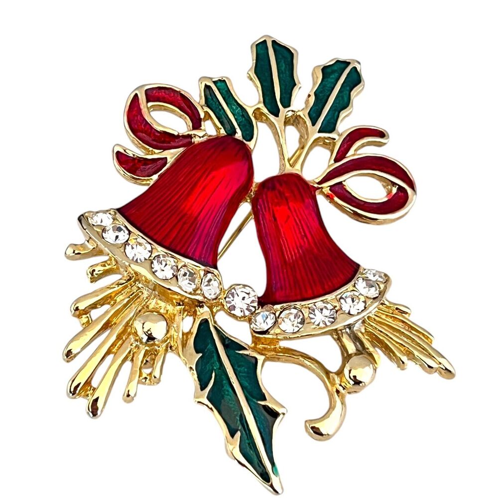 Vintage 1960s Christmas Bells Brooch Red Green Enamel Rhinestone Gold Tone - 9A